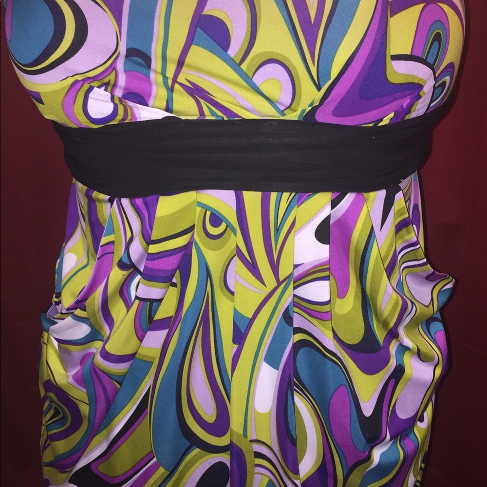 Black, pink, purple, and yellow floral print dress